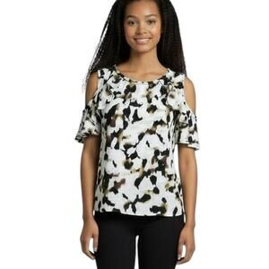 Ellen Tracy Women's Cold Shoulder Top M Geometric Print Short Sleeve Blouse NWT